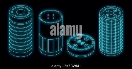 Smart speaker icons set. Isometric set of smart speaker vector icons neon on black Stock Vector