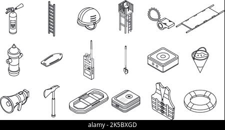 Rescuer icons set. Isometric set of rescuer vector icons thin line outline on white isolated Stock Vector
