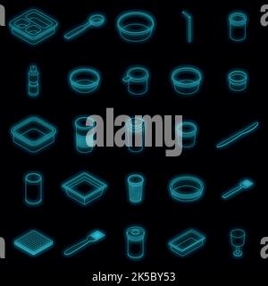 Plastic tableware icons set. Isometric set of plastic tableware vector icons neon on black Stock Vector