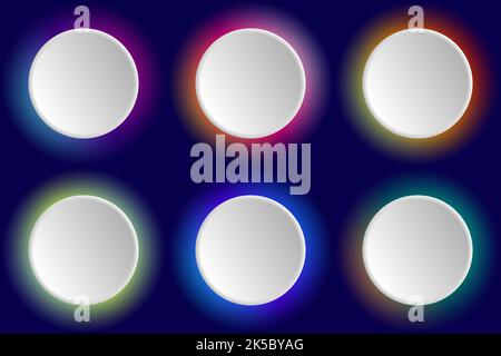 Set of 3D sign glowing neon colors blurred white geometric circle frame on blue background. Vector illustration Stock Vector