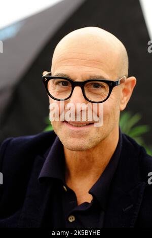 Cheltenham, Gloucestershire, UK – Friday 7th October 2022 – Stanley Tucci actor and author attends the opening day of this years Cheltenham Literature Festival to talk about his latest book Taste - My Life Through Food - Photo Steven May / Alamy Live News Stock Photo