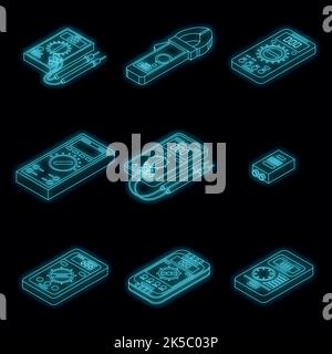 Multimeter icons set. Isometric set of multimeter vector icons neon on black Stock Vector