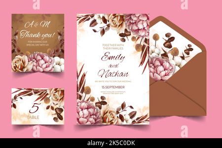 Realistic mockup of wedding invitation cards menu envelopes in blue color with text rings ribbons and seal isolated vector illustration Stock Vector