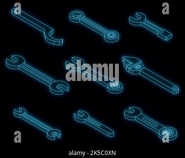 Wrench icons set. Isometric set of wrench vector icons neon on black Stock Vector
