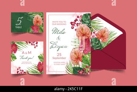 Realistic mockup of wedding invitation cards menu envelopes in blue color with text rings ribbons and seal isolated vector illustration Stock Vector