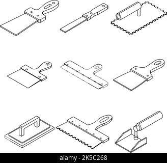 Putty knife icons set. Isometric set of putty knife vector icons thin line outline on white isolated Stock Vector