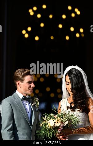 Newly weds Belgian Remco Evenepoel and Oumaima Oumi Rayane pictured after the wedding of Belgian cyclist Remco Evenepoel and Oumi Rayane, Friday 07 October 2022 in Dilbeek, Belgium. BELGA PHOTO JASPER JACOBS Stock Photo