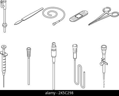 Catheter icons set. Isometric set of catheter vector icons thin line outline on white isolated Stock Vector