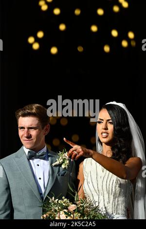 Newly weds Belgian Remco Evenepoel and Oumaima Oumi Rayane pictured after the wedding of Belgian cyclist Remco Evenepoel and Oumi Rayane, Friday 07 October 2022 in Dilbeek, Belgium. BELGA PHOTO JASPER JACOBS Stock Photo