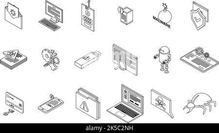 Malware icons set. Isometric set of malware vector icons thin line outline on white isolated Stock Vector