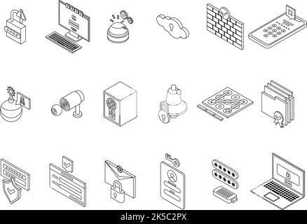 Password protection icons set. Isometric set of password protection vector icons thin line outline on white isolated Stock Vector