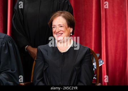 Washington, United States. 07th Oct, 2022. Associate Justice Elena Kagan is shown during the formal group photograph at the Supreme Court in Washington, DC, US, on Friday, Oct. 7, 2022. The court opened its new term Monday with a calendar already full of high-profile clashes, including two cases that could end the use of race in college admissions. Photo by Eric Lee/UPI Credit: UPI/Alamy Live News Stock Photo