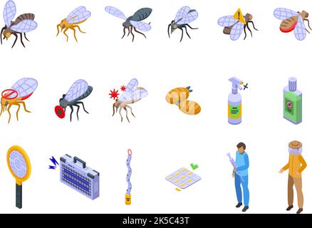 Tsetse fly icons set isometric vector. Dangerous disease. Insect housefly Stock Vector