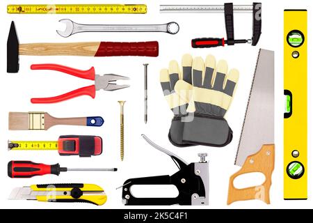 Various craftsman tools isolated on white background Stock Photo