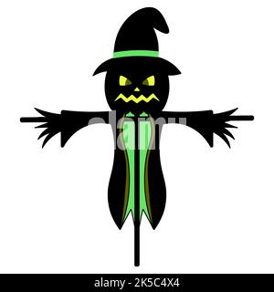 Scarecrow. Silhouette. Scare birds away. Pumpkin on the head. Angry facial expression with shining eyes. A scarecrow in rags and a hat. Vector Stock Vector
