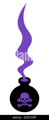 Poison bottle. Silhouette. Magic purple vapors come out of the bubble. The emblem on the bottle is skull and bones. Vector illustration. Stock Vector
