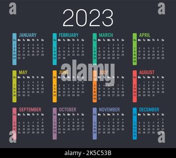 Colorful year 2023 calendar, isolated on a dark background. Vector template. Stock Vector