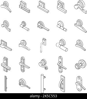 Door handles icons set. Isometric set of door handles vector icons thin line outline on white isolated Stock Vector