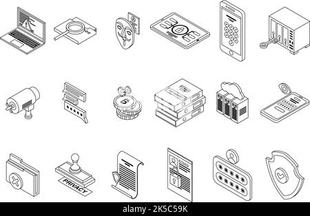 Privacy icons set. Isometric set of privacy vector icons thin line outline on white isolated Stock Vector