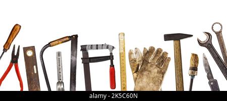 Various old craftsman tools isolated on white background Stock Photo