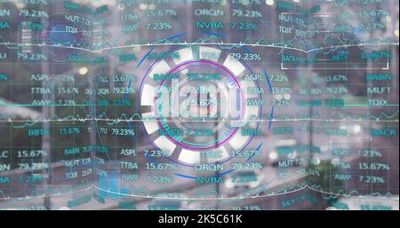 Image of scope scanning and stock market over cityscape Stock Photo