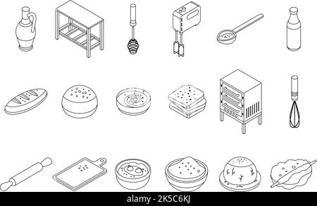Dough icons set. Isometric set of dough vector icons thin line outline on white isolated Stock Vector