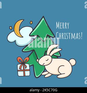 Merry christmas cute card with christmas bunny. Composition with hare, fir tree and gift. Night New Years Eve cartoon. Baby banner vector illustration Stock Vector