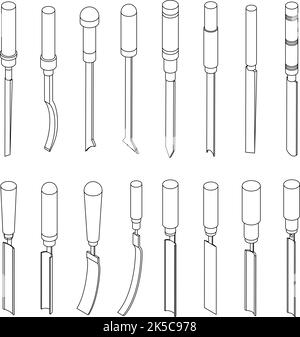 Chisel icons set. Isometric set of chisel vector icons thin line outline on white isolated Stock Vector