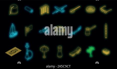 Turkey country icons set. Isometric set of turkey country vector icons neon on black Stock Vector