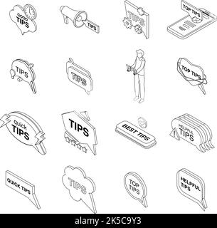 Tips icons set. Isometric set of tips vector icons thin line outline on white isolated Stock Vector