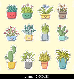 Plants sticker. Set of cute cartoon characters. Stock Photo