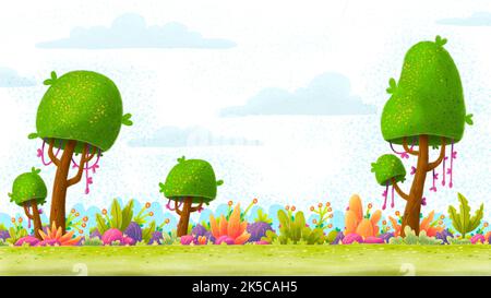Abstract summer landscape with trees and flowers. Hand drawn illustration. Stock Photo