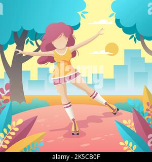 Young woman driving roller skate in the park. Modern concept in flat style with color gradients. For workspace, web, background and templates. Stock Photo