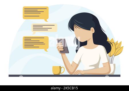 Woman reads messages on her mobile. Modern concept in flat style. For workspace, web, background and templates. Stock Photo