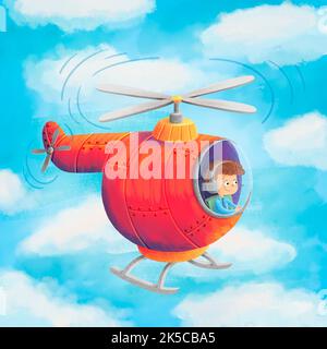 A boy flies a helicopter. Hand drawn illustration. Stock Photo