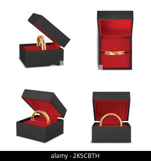 Wedding rings realistic big set with isolated images of alliance rings red ribbons boxes and pillows vector illustration Stock Vector