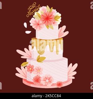 Classic 3 tiered delicious wedding cake with white icing decorated with cream roses realistic image vector illustration Stock Vector