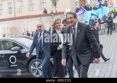 Prague, Czech Republic. 07th Oct, 2022. President of Cyprus Nicos Anastasiades arrives before the informal European Council meeting in Prague. Main discussed points during the meeting are war in Ukraine, energy and economic situation in Europe. Credit: SOPA Images Limited/Alamy Live News Stock Photo