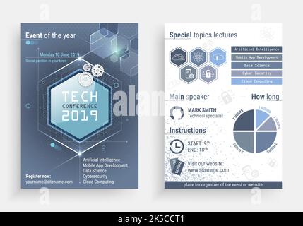Business flyer vector template with a technology conference title. Vector illustration with front and back side. Stock Vector