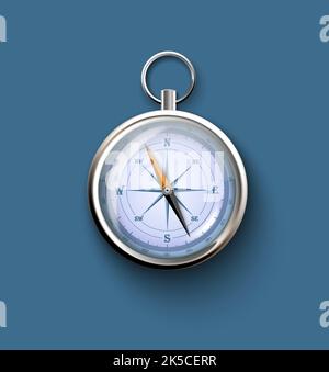 Realistic 3d  Metal Silver Steel Vintage Antique Compass Isolated On Blue Background. Vector Illustration Stock Vector