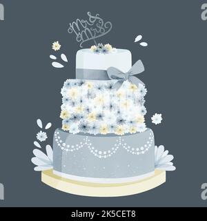 Classic 3 tiered delicious wedding cake with white icing decorated with cream roses realistic image vector illustration Stock Vector