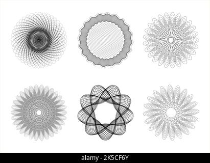 Rosette Guilloche Spirograph Vector Monochrome Graphic Element Set For Certificate, Gift Vouchers, Currency, Diploma, Gift Certificate, Coupon. Isolat Stock Vector