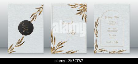 Wedding invitation card template luxury of golden design with dry leaf, gold frame and watercolor texture background Stock Vector