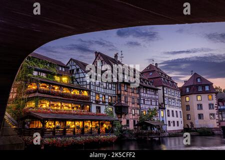 Half-timbered houses on Pont Saint-Martin at dawn. Strasbourg, Alsace, France. Stock Photo
