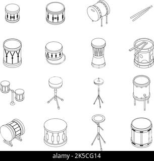 Drum icons set. Isometric set of drum vector icons thin line outline on white isolated Stock Vector