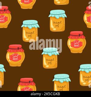 Seamless pattern with honey jar, sunflower, leaves and spoon on a dark background. Honey products. Great for textiles, wrapping paper, wallpapers Stock Vector