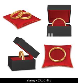 Wedding rings realistic big set with isolated images of alliance rings red ribbons boxes and pillows vector illustration Stock Vector