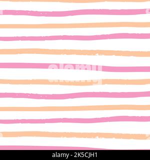 Hand Drawn Pink Orange Horizontal Thick Stripe Doodle Pattern. Horizontal Colorful Brush Strokes Pattern Stock Vector