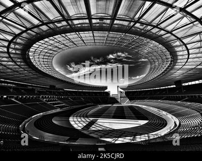 View into Berlin Olympic Stadium in black and white Stock Photo