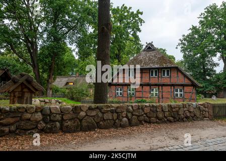 Half-timbered houses, Dorfstraße, Wilsede, Lüneburger Heide, Lower Saxony, Germany Stock Photo